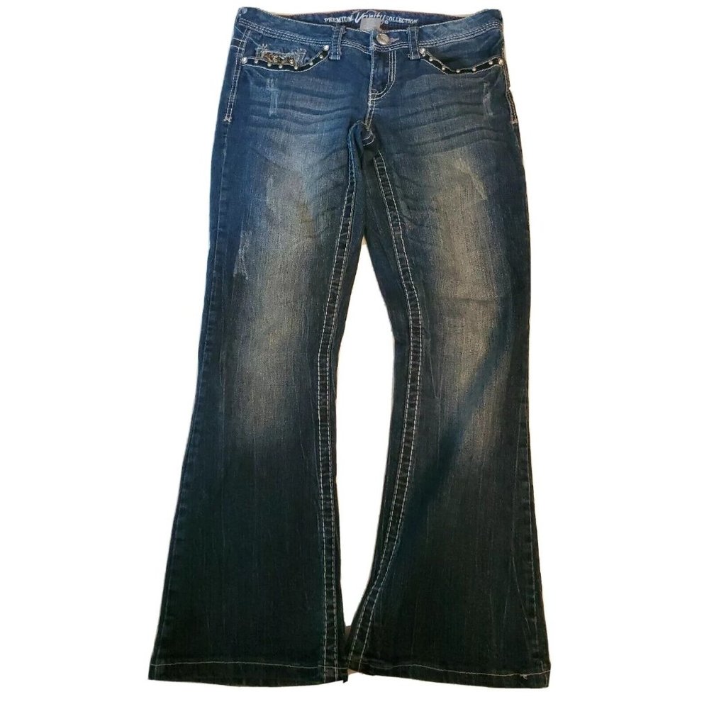 Vanity Women Mid Rise Distressed Rhinestone Pocket Bootcut Jeans Blue Size 27x31